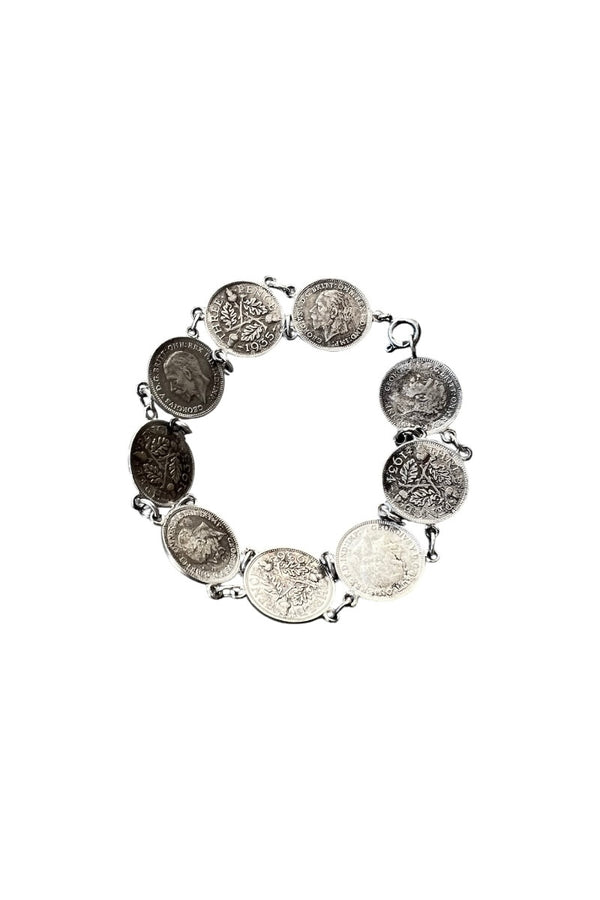30'S ENGLAND THREE PENCE SILVER COIN BRACELET / SILVER [SIZE: ONE SIZE USED]