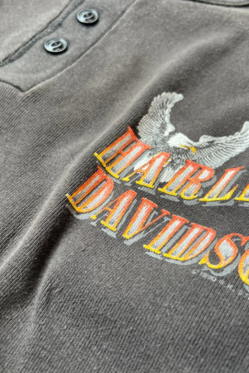 90'S HARLEY DAVIDSON HENLEY NECK L/S T-SHIRT / BLACK [SIZE: L USED]