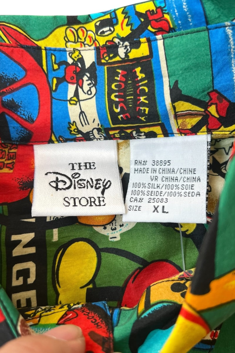90'S S/S MICKEY PATTERN SILK SHIRT / GREEN [SIZE: XL DEADSTOCK/NOS]