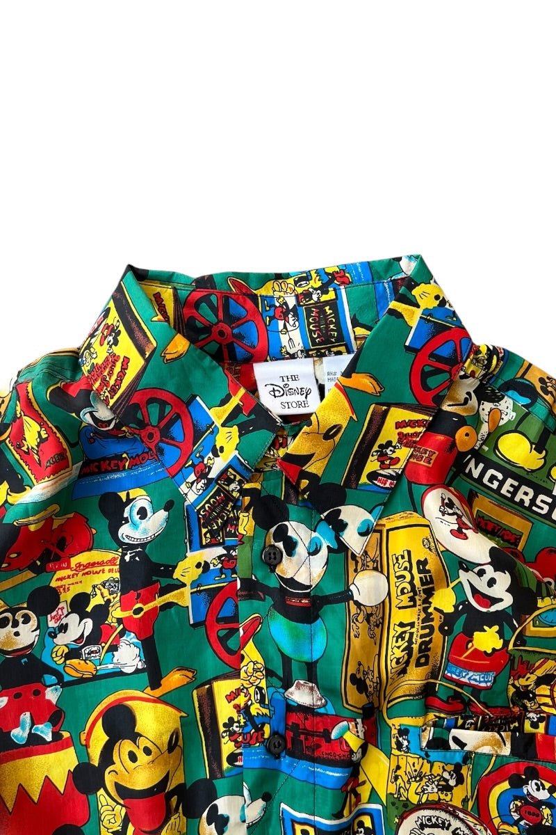 90'S S/S MICKEY PATTERN SILK SHIRT / GREEN [SIZE: XL DEADSTOCK/NOS]