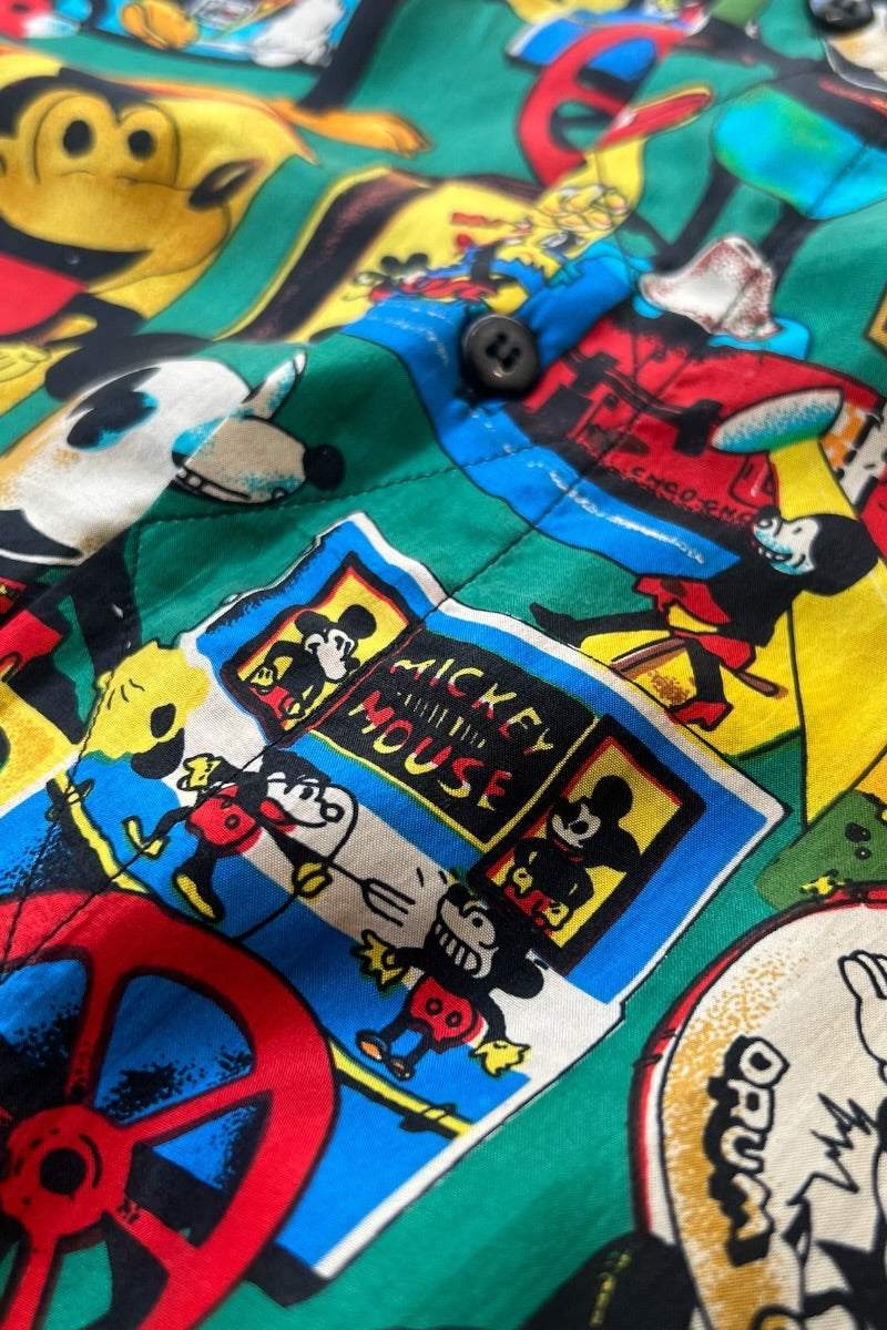 90'S S/S MICKEY PATTERN SILK SHIRT / GREEN [SIZE: XL DEADSTOCK/NOS]