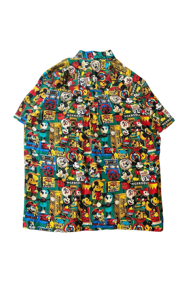90'S S/S MICKEY PATTERN SILK SHIRT / GREEN [SIZE: XL DEADSTOCK/NOS]