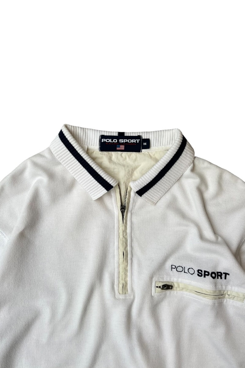 90'S HALF-ZIP COTTON POLO SHIRT / WHITE [SIZE: M USED]