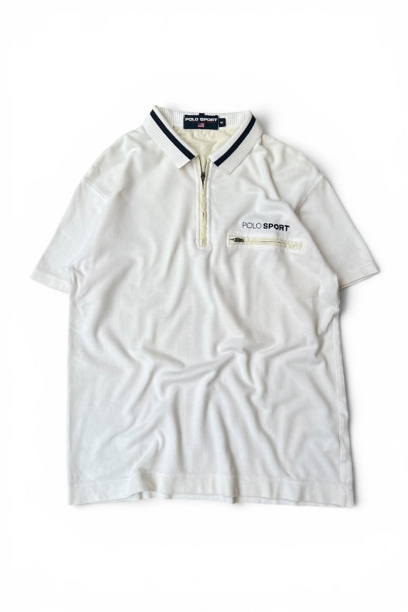 90'S HALF-ZIP COTTON POLO SHIRT / WHITE [SIZE: M USED]