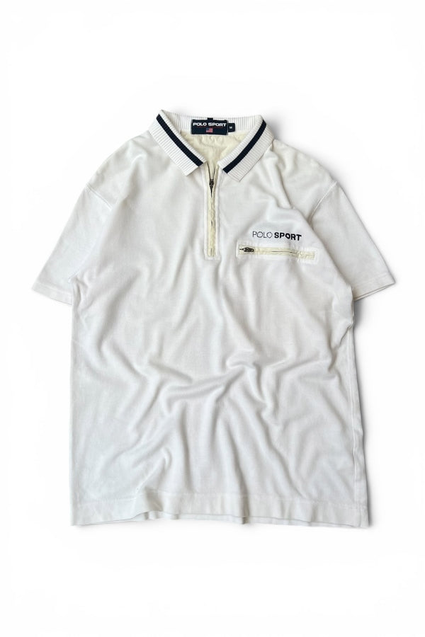 90'S HALF-ZIP COTTON POLO SHIRT / WHITE [SIZE: M USED]