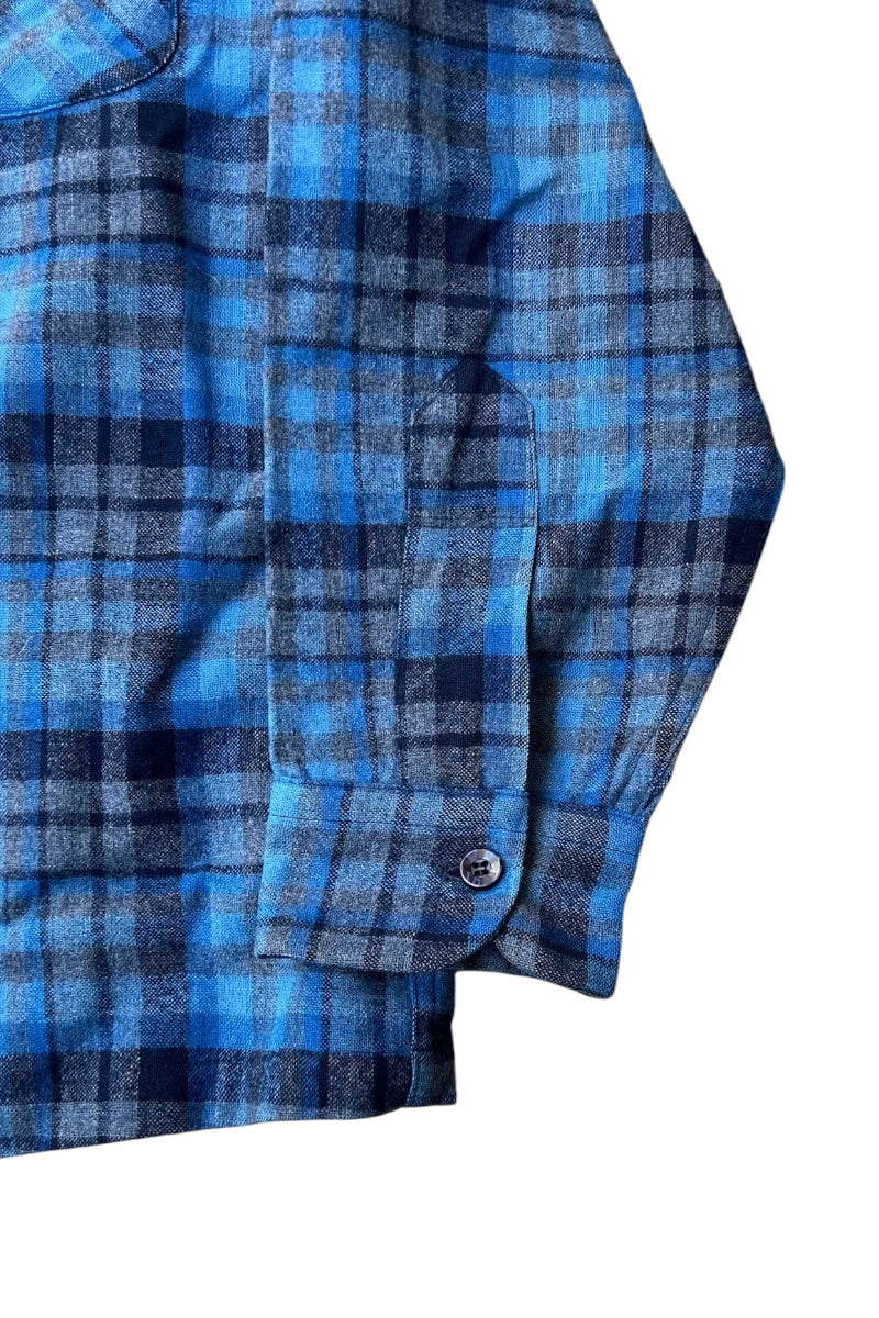 MADE IN USA 70-80'S L/S WOOL CHECK OPEN COLLAR SHIRT / BLUE [SIZE: L USED]
