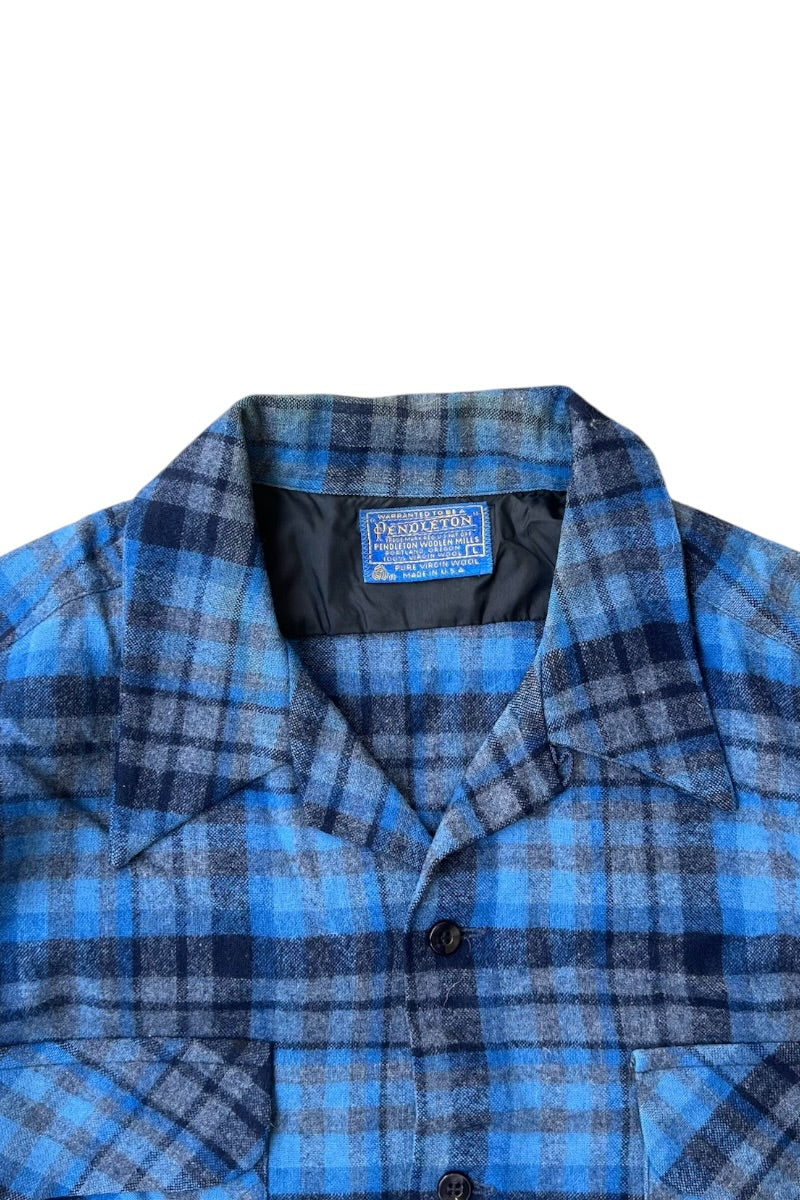 MADE IN USA 70-80'S L/S WOOL CHECK OPEN COLLAR SHIRT / BLUE [SIZE: L USED]