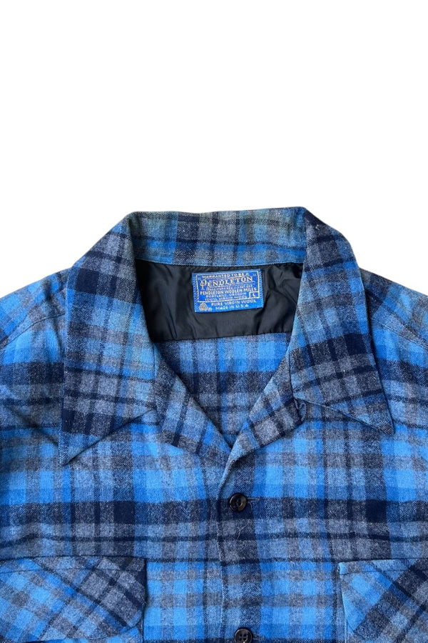 MADE IN USA 70-80'S L/S WOOL CHECK OPEN COLLAR SHIRT / BLUE [SIZE: L USED]