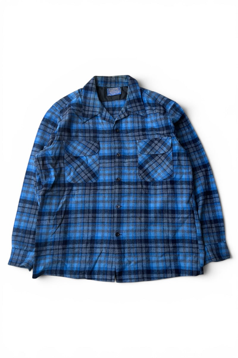 MADE IN USA 70-80'S L/S WOOL CHECK OPEN COLLAR SHIRT / BLUE [SIZE: L USED]