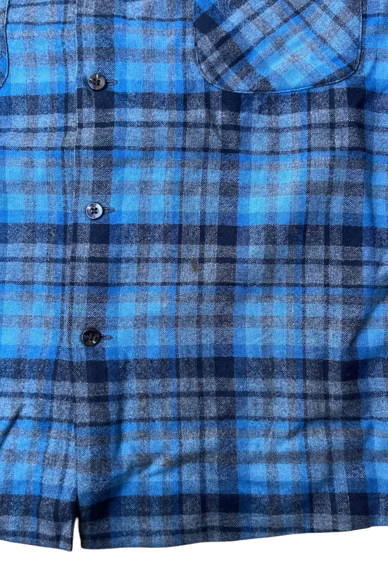 MADE IN USA 70-80'S L/S WOOL CHECK OPEN COLLAR SHIRT / BLUE [SIZE: L USED]
