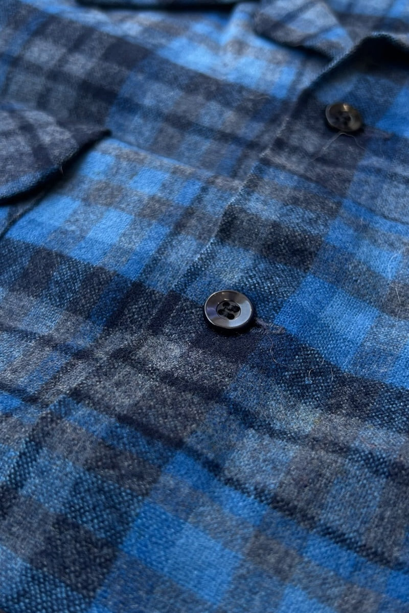 MADE IN USA 70-80'S L/S WOOL CHECK OPEN COLLAR SHIRT / BLUE [SIZE: L USED]