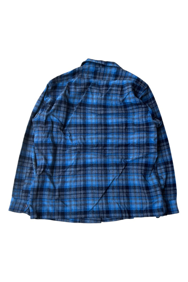 MADE IN USA 70-80'S L/S WOOL CHECK OPEN COLLAR SHIRT / BLUE [SIZE: L USED]
