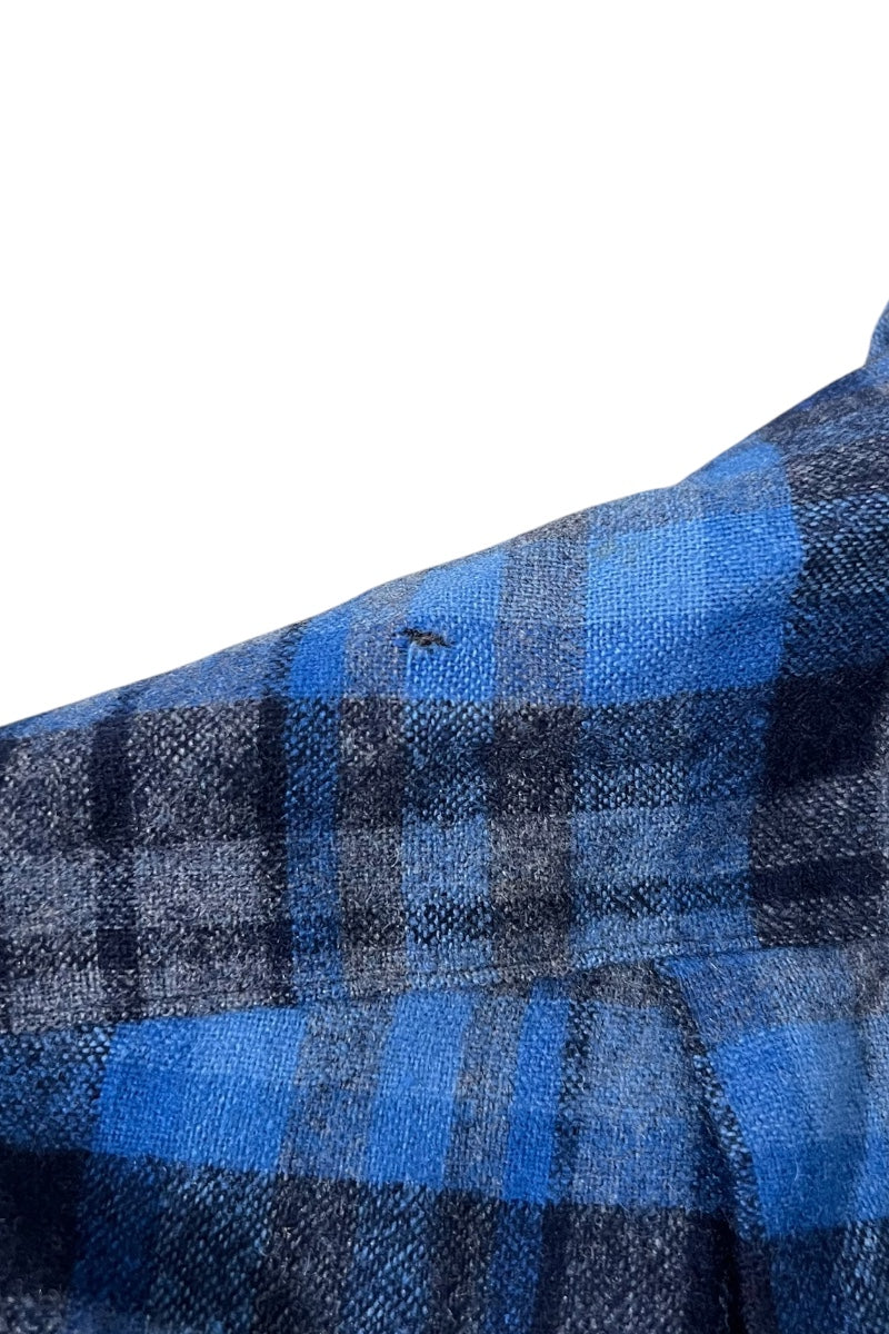 MADE IN USA 70-80'S L/S WOOL CHECK OPEN COLLAR SHIRT / BLUE [SIZE: L USED]