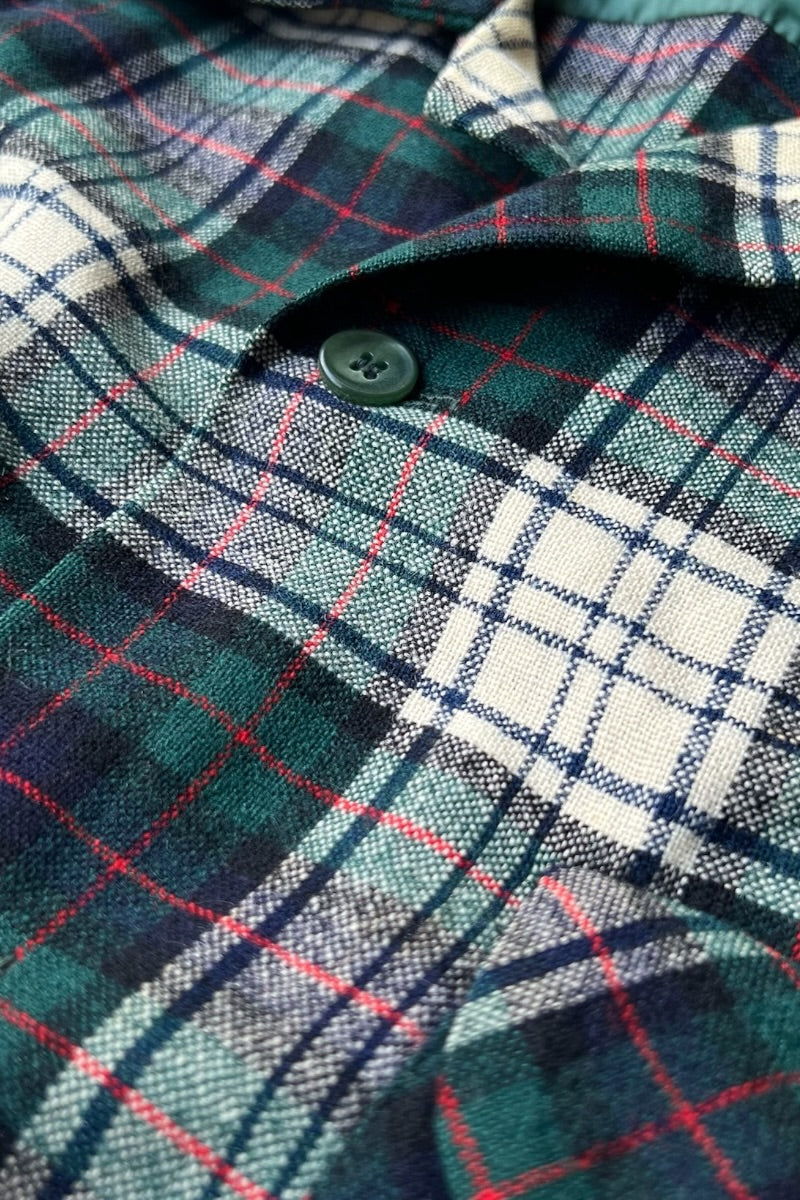 MADE IN USA 60'S L/S WOOL CHECK OPEN COLLAR SHIRT / GREEN [SIZE: M USED]
