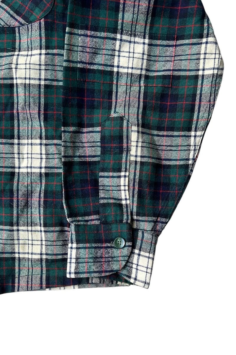 MADE IN USA 60'S L/S WOOL CHECK OPEN COLLAR SHIRT / GREEN [SIZE: M USED]