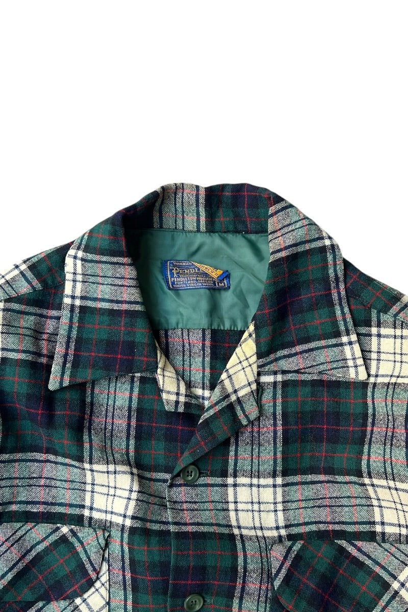 MADE IN USA 60'S L/S WOOL CHECK OPEN COLLAR SHIRT / GREEN [SIZE: M USED]