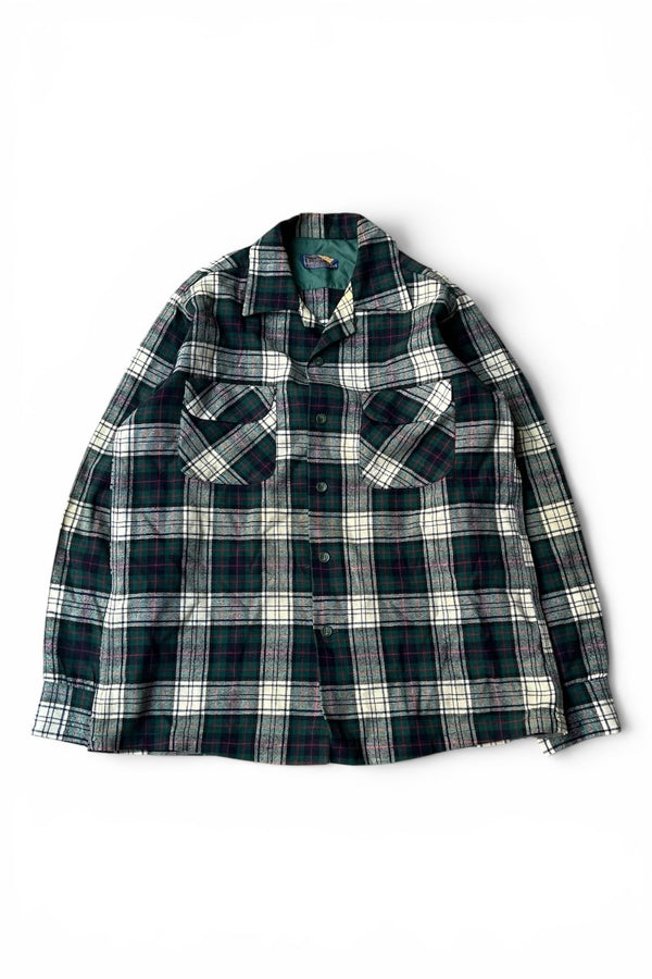 MADE IN USA 60'S L/S WOOL CHECK OPEN COLLAR SHIRT / GREEN [SIZE: M USED]