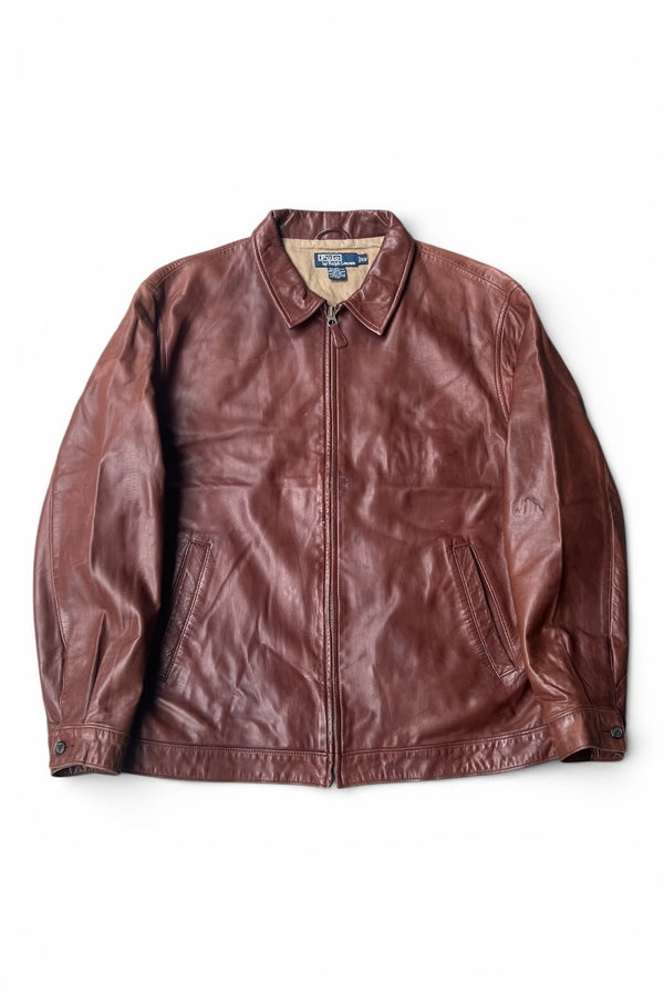 90'S ZIP UP LEATHER JACKET / BROWN [SIZE: XL USED]