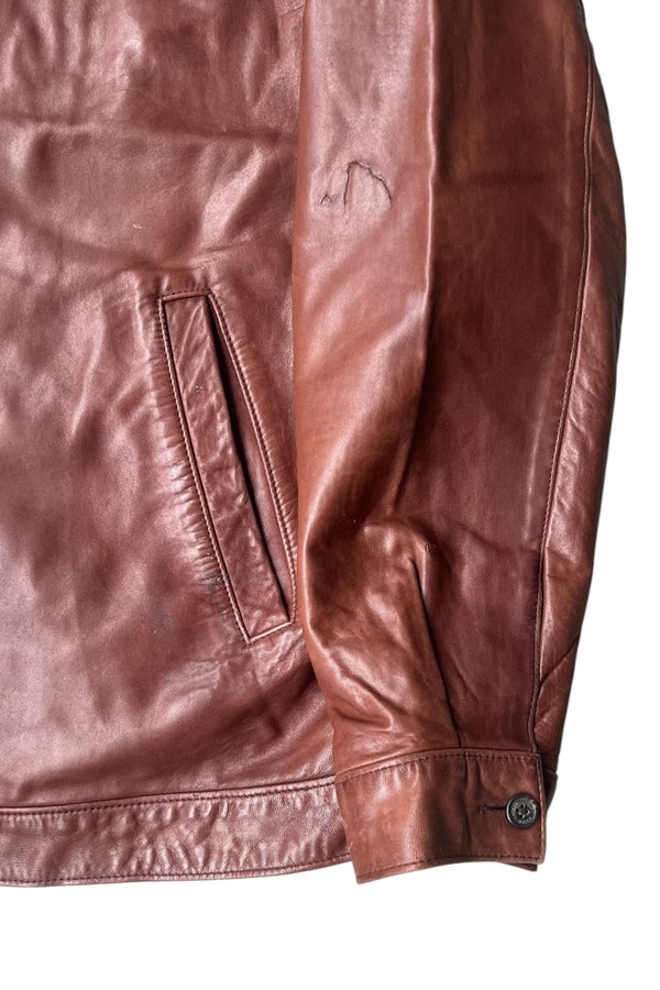 90'S ZIP UP LEATHER JACKET / BROWN [SIZE: XL USED]