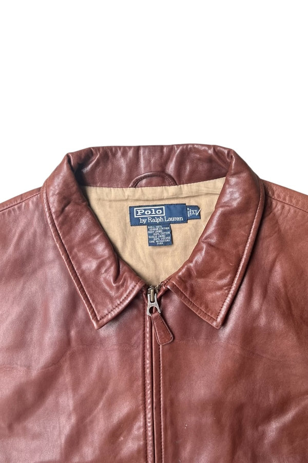 90'S ZIP UP LEATHER JACKET / BROWN [SIZE: XL USED]