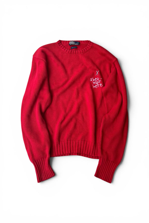 90'S SHEK-WUZ HERE COTTON KNIT SWEATER / RED [SIZE: L USED]