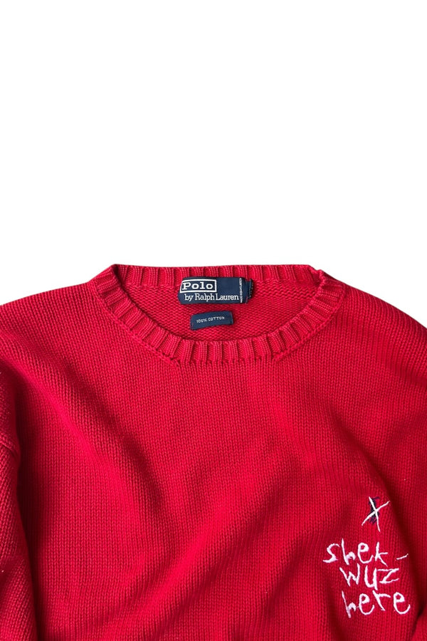 90'S SHEK-WUZ HERE COTTON KNIT SWEATER / RED [SIZE: L USED]