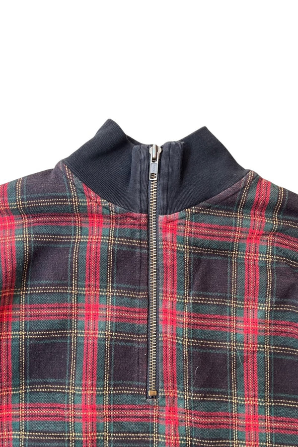 90'S HALF-ZIP COTTON KNIT SWEATER / CHECK [SIZE: M USED]