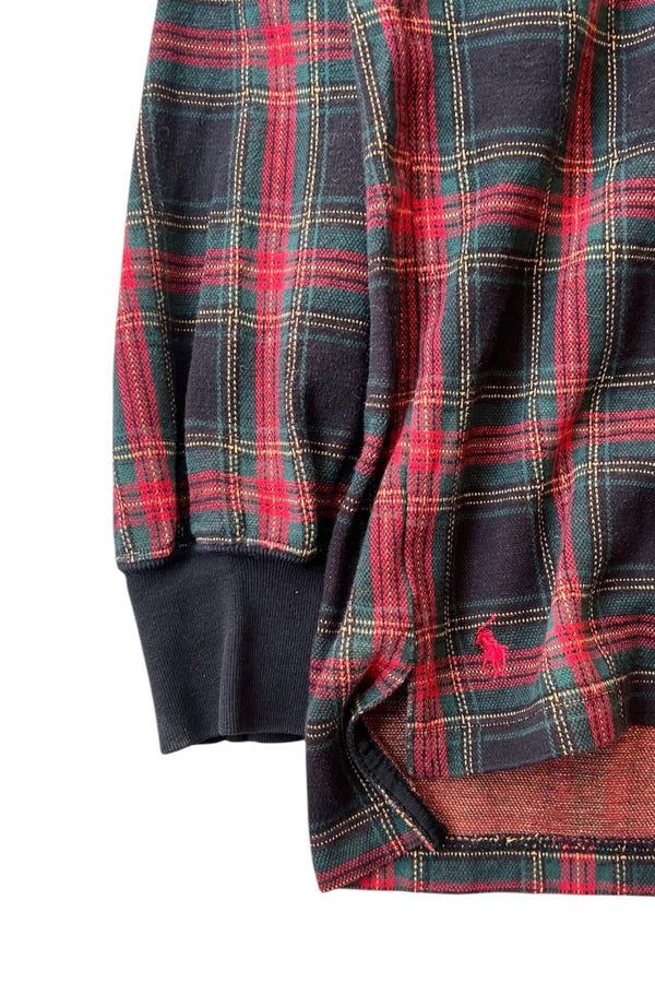 90'S HALF-ZIP COTTON KNIT SWEATER / CHECK [SIZE: M USED]