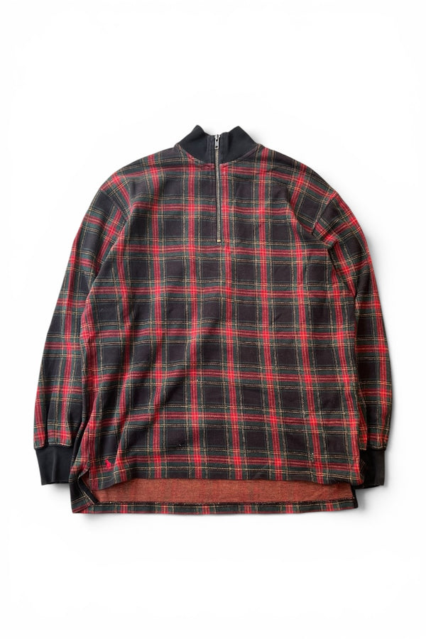 90'S HALF-ZIP COTTON KNIT SWEATER / CHECK [SIZE: M USED]