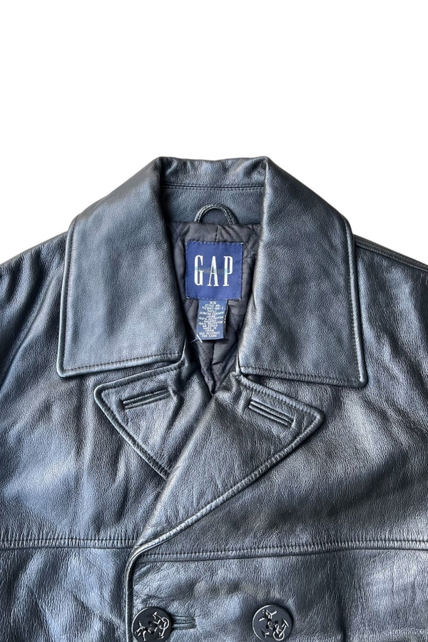 Y2K EARLY 00'S LEATHER PEA COAT W/QUILTING LINER / BLACK [SIZE: XS USED]