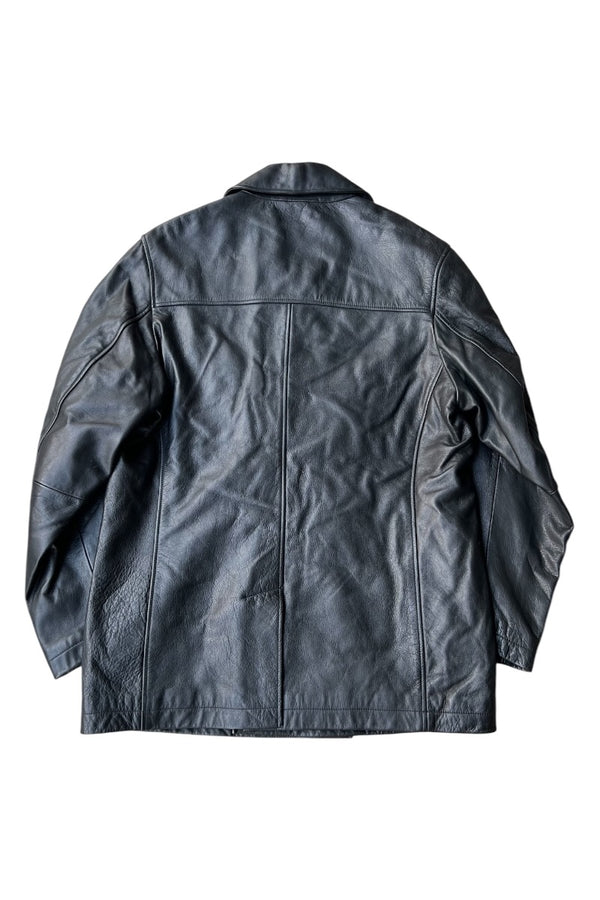 Y2K EARLY 00'S LEATHER PEA COAT W/QUILTING LINER / BLACK [SIZE: XS USED]