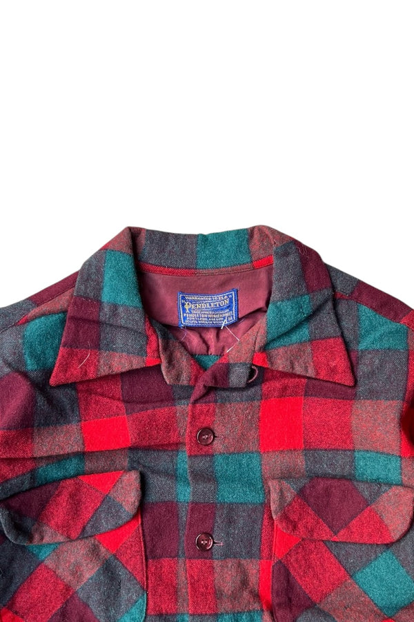 60'S L/S WOOL CHECK OPEN COLLAR SHIRT / RED [SIZE: M USED]