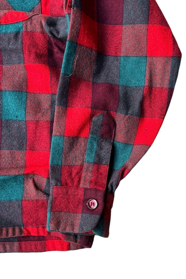 60'S L/S WOOL CHECK OPEN COLLAR SHIRT / RED [SIZE: M USED]