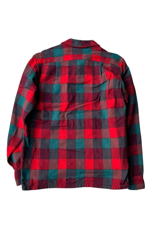 60'S L/S WOOL CHECK OPEN COLLAR SHIRT / RED [SIZE: M USED]