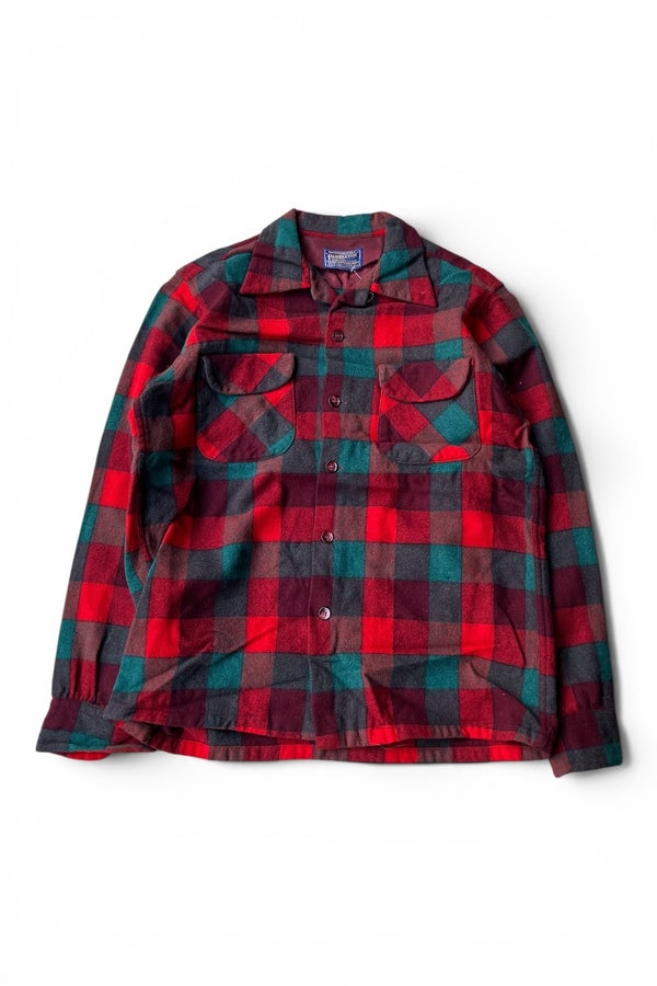 60'S L/S WOOL CHECK OPEN COLLAR SHIRT / RED [SIZE: M USED]