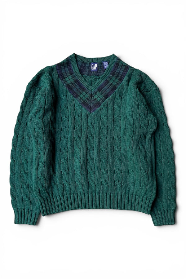 90'S V-NECK COTTON TILDEN KNIT SWEATER / GREEN [SIZE: M DEADSTOCK/NOS]