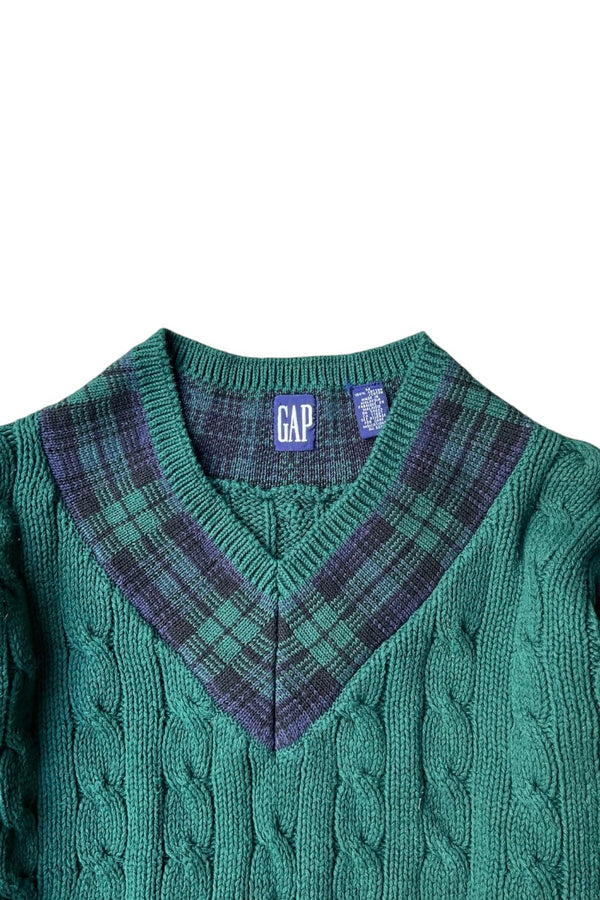90'S V-NECK COTTON TILDEN KNIT SWEATER / GREEN [SIZE: M DEADSTOCK/NOS]