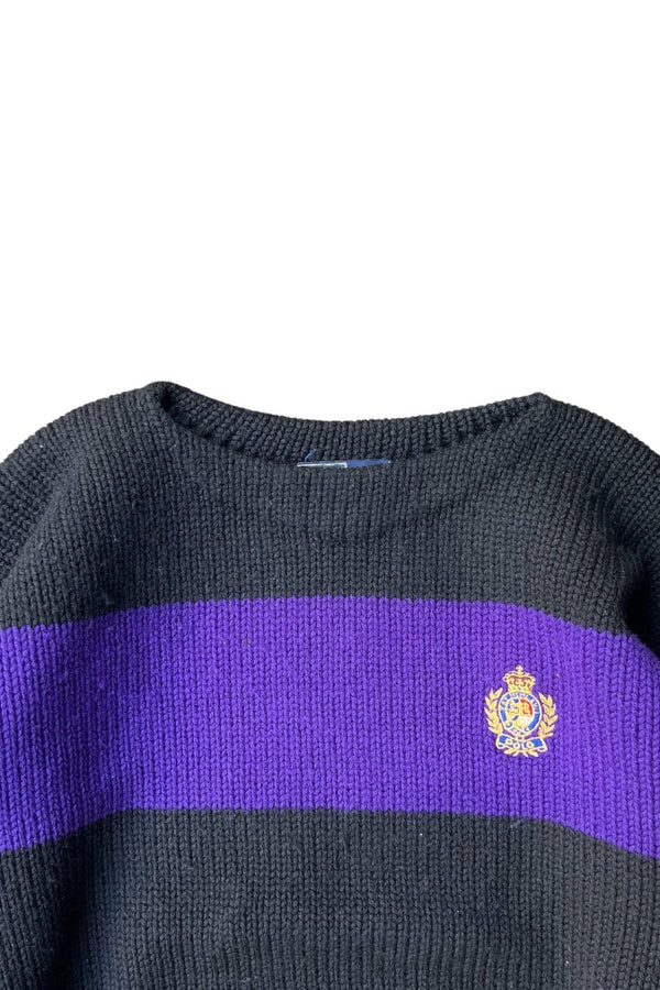 90'S COOKIE CREST BORDER WOOL KNIT SWEATER / PURPLE [SIZE: L USED]