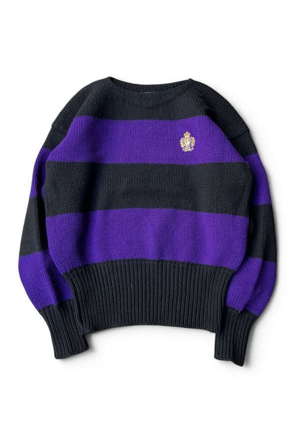90'S COOKIE CREST BORDER WOOL KNIT SWEATER / PURPLE [SIZE: L USED]