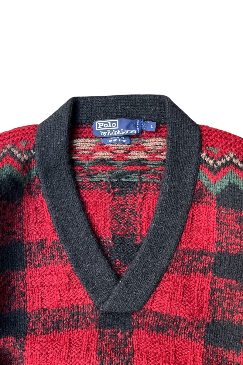 90'S WOOL HAND KNIT V-NECK SWEATER / RED [SIZE: L USED]