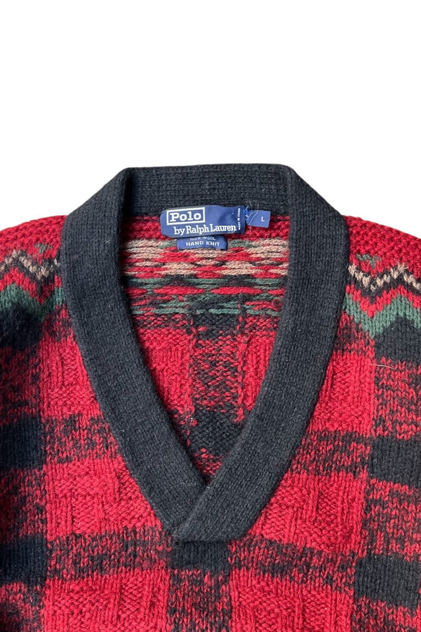 90'S WOOL HAND KNIT V-NECK SWEATER / RED [SIZE: L USED]