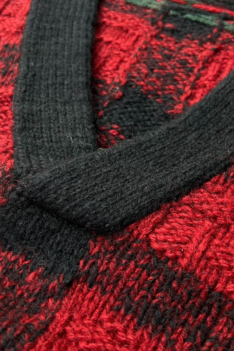 90'S WOOL HAND KNIT V-NECK SWEATER / RED [SIZE: L USED]