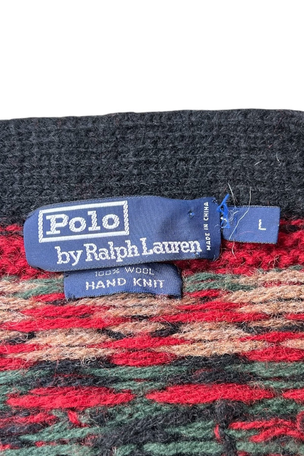 90'S WOOL HAND KNIT V-NECK SWEATER / RED [SIZE: L USED]