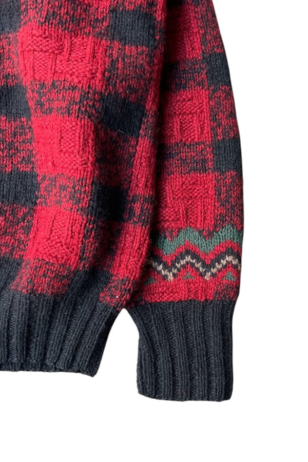 90'S WOOL HAND KNIT V-NECK SWEATER / RED [SIZE: L USED]