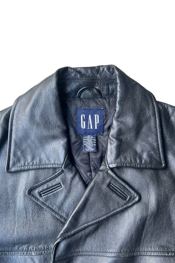 Y2K EARLY 00'E LEATHER PEA COAT / BLACK [SIZE: XS USED]