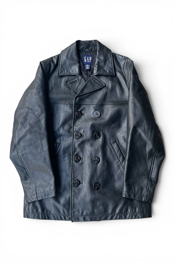 Y2K EARLY 00'E LEATHER PEA COAT / BLACK [SIZE: XS USED]