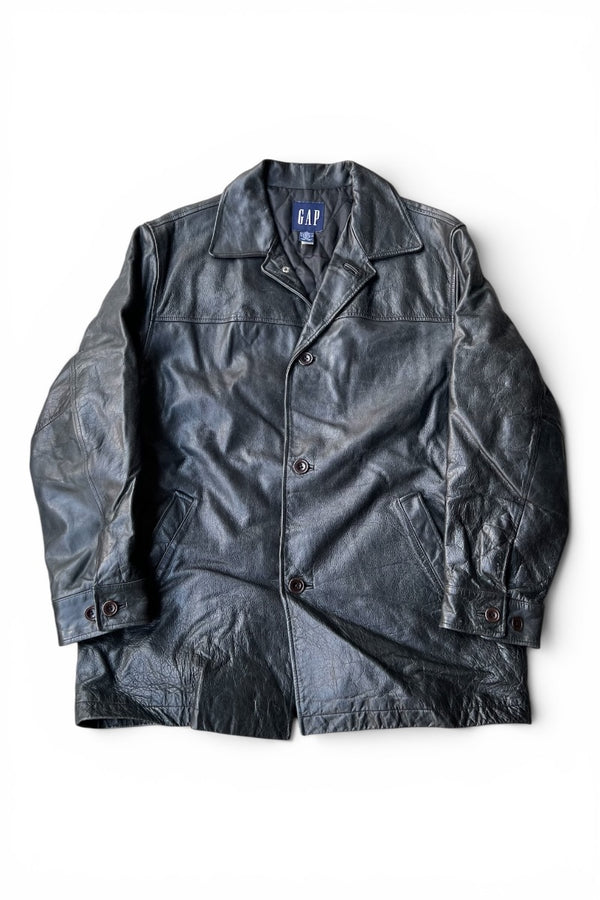 Y2K EARLY 00'S LEATHER CAR COAT W/QUILTING LINER / BLACK [SIZE: L USED]