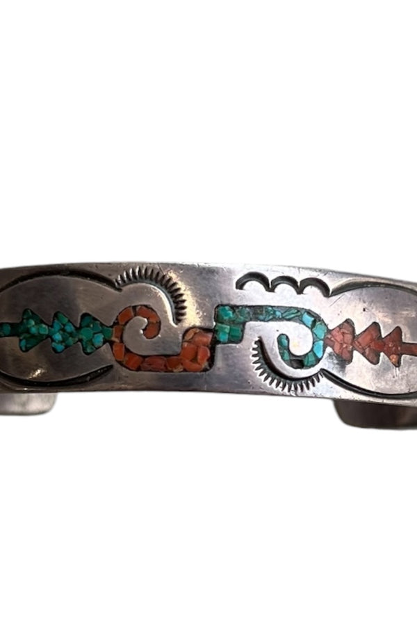 NAVAJO SILVER BRACELET W/STONES CHIP INLAY/ SILVER [SIZE: ONE SIZE USED]