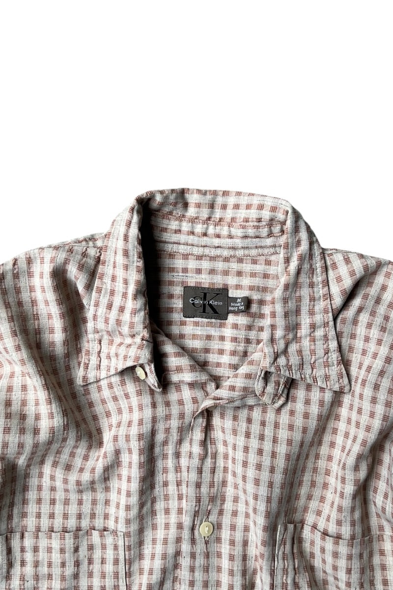 90'S-Y2K EARLY 00'S L/S RAYON CHECK SHIRT / BEIGE [SIZE: M USED]