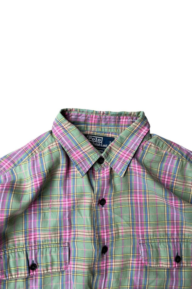 90'S BENFORD L/S CHECK WORK SHIRT / GREEN [SIZE: L USED]